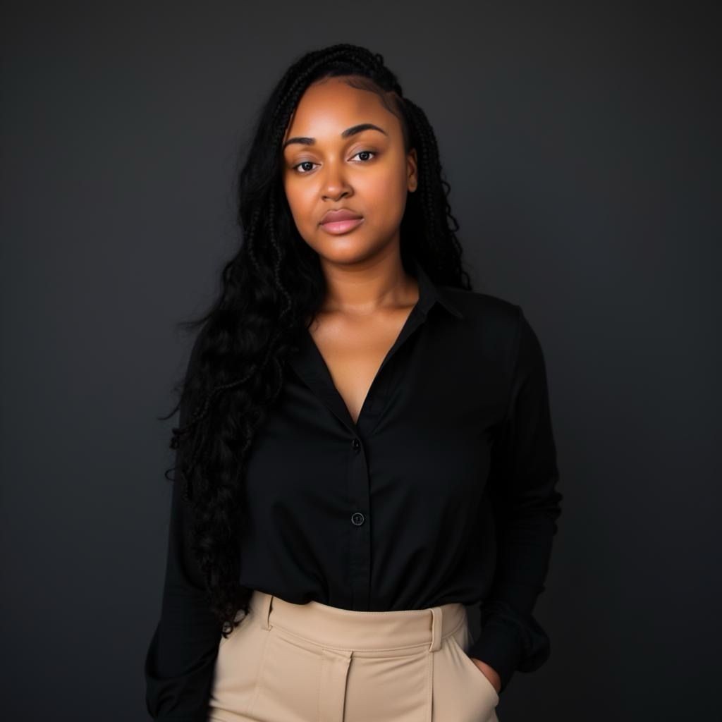 Woman in black shirt and beige pants against dark grey background.