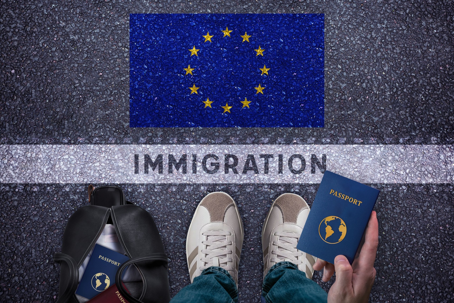 Travel to Europe. Traveler perspective with bag, passport and Europe Union flag on asphalt road